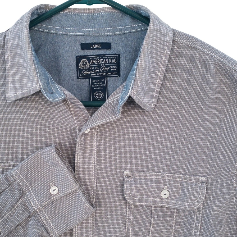 American Rag Button Up Shirt Mens Large Gray Micro Grid Long Sleeve Cotton